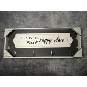 True Living "This Is Our Happy Place" Home Wall Plaque 4 Hooks Coat Rack Hats